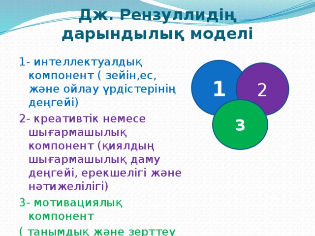 Дж. Рензуллидің дарындылық моделі 1- интеллектуалдық компонент ( зейін,ес, және ойлау үрдістерінің деңгейі) 2- креативтік немесе шығармашылық компонент (қиялдың шығармашылық даму деңгейі, ерекшелігі және нәтижелілігі) 3- мотивациялық компонент ( танымдық және зерттеу белсенділігі) . 1 2 3