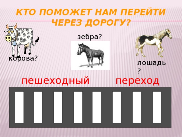 Кто поможет нам перейти через дорогу? зебра? корова? лошадь? пешеходный переход