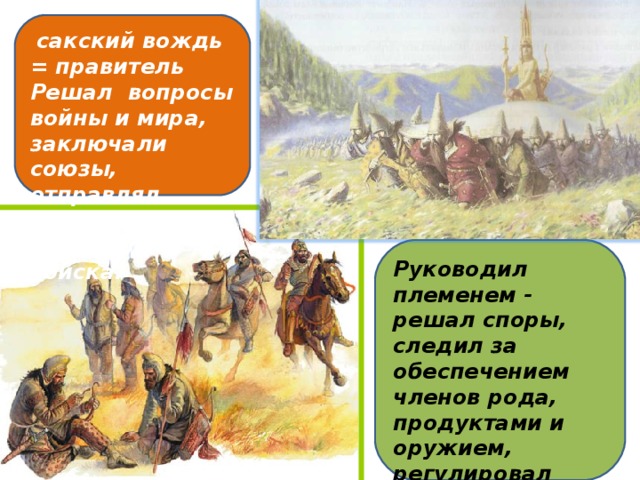 сакский вождь = правитель Решал вопросы войны и мира, заключали союзы, отправлял послов, возглавлял войска. Руководил племенем - решал споры, следил за обеспечением членов рода, продуктами и оружием, регулировал вопросы землепользования и кочевок.