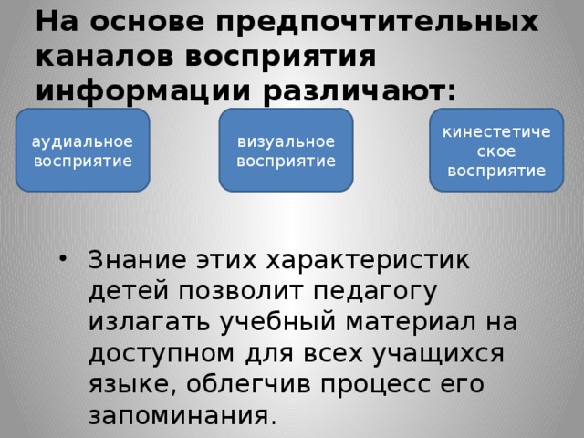 На основе предпочтительных каналов восприятия информации различают: аудиальное восприятие визуальное восприятие кинестетическое восприятие