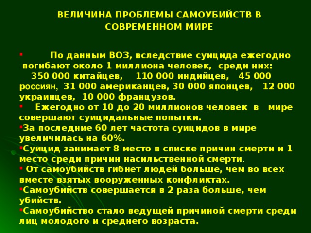 ВЕЛИЧИНА ПРОБЛЕМЫ САМОУБИЙСТВ В СОВРЕМЕННОМ МИРЕ   По данным ВОЗ, вследствие суицида ежегодно  погибают около 1 миллиона человек,  среди них:    350 000 китайцев , 110 000 индийцев, 4 5 000 р оссиян ,   31 000 американцев, 30 000 японцев,  12 000 украинцев,  10 000 французов.  Ежегодно от 10 до 20 миллионов человек в мире совершают суицидальные попытки.  За последние 60 лет частота суицидов в мире увеличилась на 60%. Суицид занимает 8 место в списке причин смерти и 1 место среди причин насильственной смерти .  От самоубийств гибнет людей больше, чем во всех вместе взятых вооруженных конфликтах. Самоубийств совершается в 2 раза больше, чем убийств.   Самоубийство стало ведущей причиной смерти среди лиц молодого и среднего возраста.