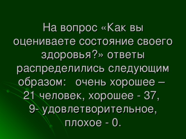 На вопрос «Как вы оцениваете состояние своего здоровья?» ответы распределились следующим образом:  очень хорошее –  21 человек, хорошее - 37,  9- удовлетворительное, плохое - 0.