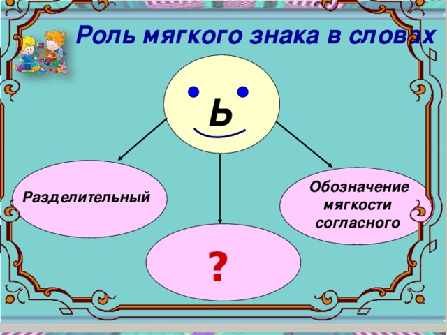 Роль мягкого знака в словах Ь  Обозначение мягкости согласного Разделительный ?