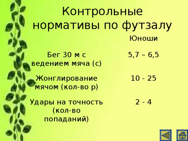 Контрольные нормативы по футзалу Юноши Бег 30 м с ведением мяча (с) 5,7 – 6,5 Жонглирование мячом (кол-во р) 10 - 25 Удары на точность (кол-во попаданий) 2 - 4