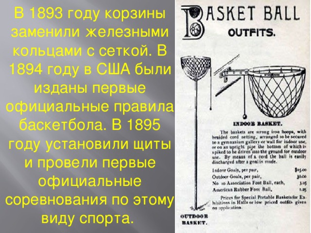 В 1893 году корзины заменили железными кольцами с сеткой. В 1894 году в США были изданы первые официальные правила баскетбола. В 1895 году установили щиты и провели первые официальные соревнования по этому виду спорта.