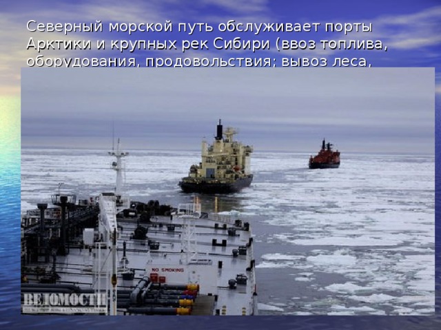 Северный морской путь обслуживает порты Арктики и крупных рек Сибири (ввоз топлива, оборудования, продовольствия; вывоз леса, природных ископаемых).