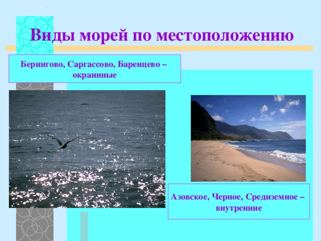 Виды морей по местоположению Берингово, Саргассово, Баренцево – окраинные Азовское, Черное, Средиземное – внутренние