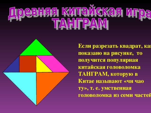 Если разрезать квадрат, как показано на рисунке, то получится популярная китайская головоломка ТАНГРАМ, которую в Китае называют «чи чао ту», т. е. умственная головоломка из семи частей.