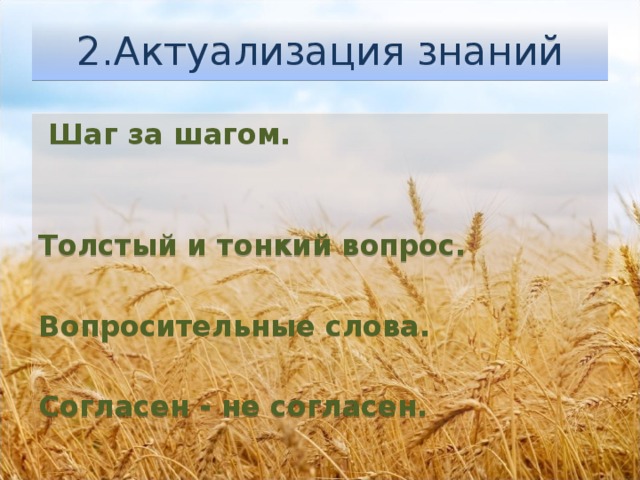 2.Актуализация знаний   Шаг за шагом.    Толстый и тонкий вопрос.  Вопросительные слова.  Согласен - не согласен.