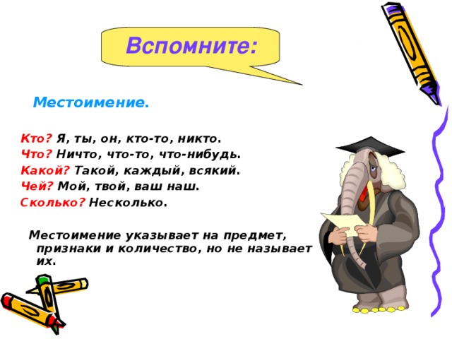 Вспомните:  Местоимение.  Кто? Я, ты, он, кто-то, никто. Что? Ничто, что-то, что-нибудь. Какой? Такой, каждый, всякий. Чей? Мой, твой, ваш наш. Сколько? Несколько.   Местоимение указывает на предмет, признаки и количество, но не называет их.