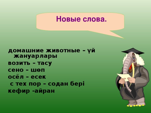 Новые слова.  домашние животные – үй жануарлары возить – тасу сено – шөп ос ё л – есек  с тех пор – содан бері кефир -айран