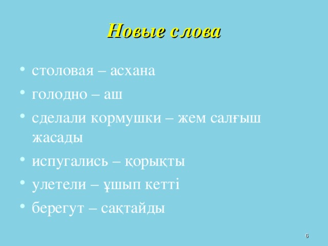 Новые слова столовая – асхана голодно – аш сделали кормушки – жем салғыш жасады испугались – қорықты улетели – ұшып кетті берегут – сақтайды