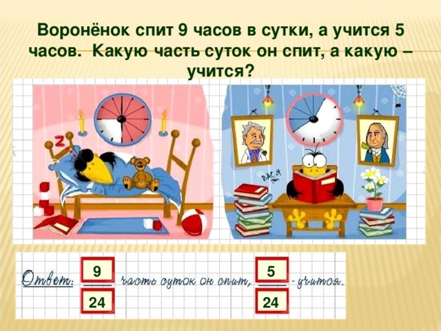 Воронёнок спит 9 часов в сутки, а учится 5 часов. Какую часть суток он спит, а какую – учится? 9 5 24 24