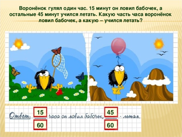 Воронёнок гулял один час. 15 минут он ловил бабочек, а остальные 45 минут учился летать. Какую часть часа воронёнок ловил бабочек, а какую – учился летать? 15 45 60 60