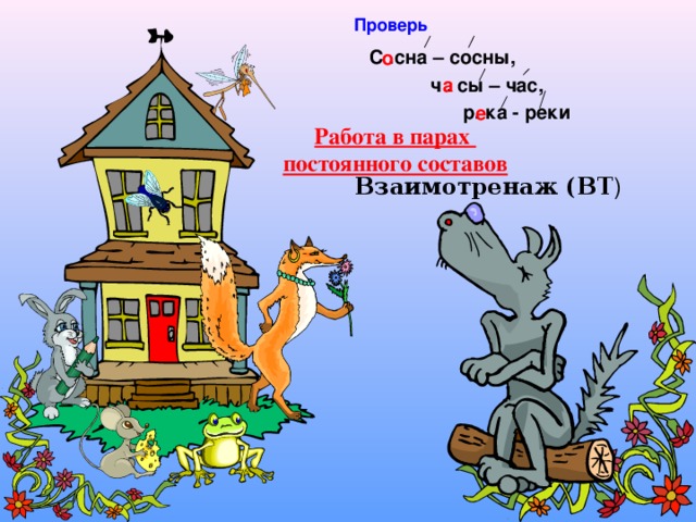 Проверь С .сна – сосны, о ч . сы – час, а р. ка - реки е Работа в парах постоянного составов Взаимотренаж (ВТ )