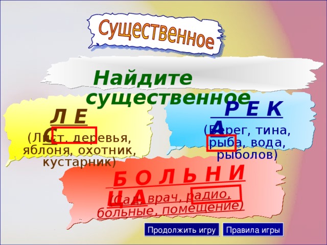 Б О Л Ь Н И Ц А (Сад, врач, радио, больные, помещение)  Найдите существенное  Р Е К А  Л Е С (Берег, тина, рыба, вода, рыболов) (Лист, деревья, яблоня, охотник, кустарник) Продолжить игру Правила игры