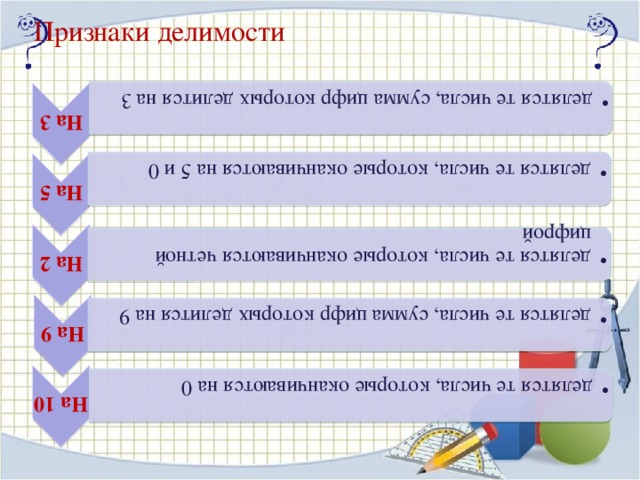 Признаки делимости На 3 делятся те числа, сумма цифр которых делится на 3 делятся те числа, сумма цифр которых делится на 3 На 5 делятся те числа, которые оканчиваются на 5 и 0 делятся те числа, которые оканчиваются на 5 и 0 На 2 делятся те числа, которые оканчиваются четной цифрой делятся те числа, которые оканчиваются четной цифрой На 9 делятся те числа, сумма цифр которых делится на 9 делятся те числа, сумма цифр которых делится на 9 На 10 делятся те числа, которые оканчиваются на 0 делятся те числа, которые оканчиваются на 0