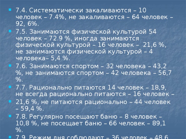 7.4. Систематически закаливаются – 10 человек – 7.4%, не закаливаются – 64 человек – 92, 6%. 7.5. Занимаются физической культурой 54 человек – 72.9 %, иногда занимаются физической культурой – 16 человек – 21,6 %, не занимаются физической культурой – 4 человека– 5,4 %. 7.6. Занимаются спортом – 32 человека – 43,2 %, не занимаются спортом – 42 человека – 56,7 %. 7.7. Рационально питаются 14 человек – 18,9, не всегда рационально питаются – 16 человек – 21,6 %, не питаются рационально – 44 человек – 59,4 %. 7.8. Регулярно посещают баню – 8 человек – 10,8 %, не посещает баню – 66 человек – 89,1 %. 7.9. Режим дня соблюдают – 36 человек – 48,6 %, не всегда соблюдают режим дня – 22 человека – 29,7 %, не соблюдают режим дня – 16 человек – 21,6 %.