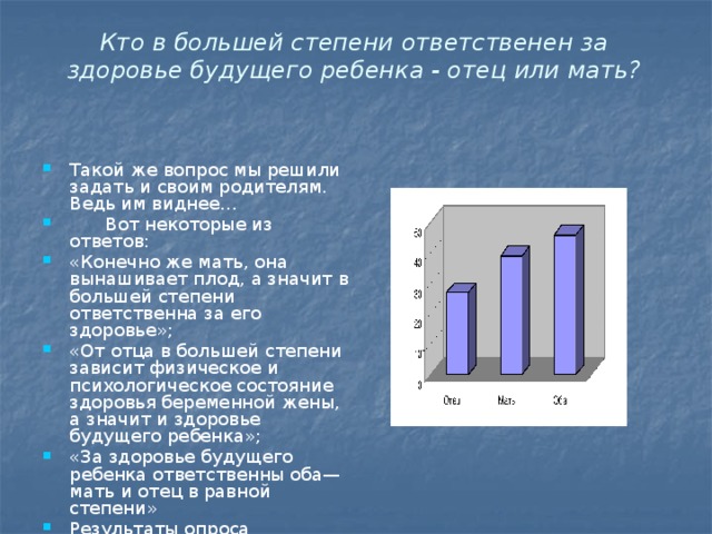 Кто в большей степени ответственен за здоровье будущего ребенка - отец или мать?   