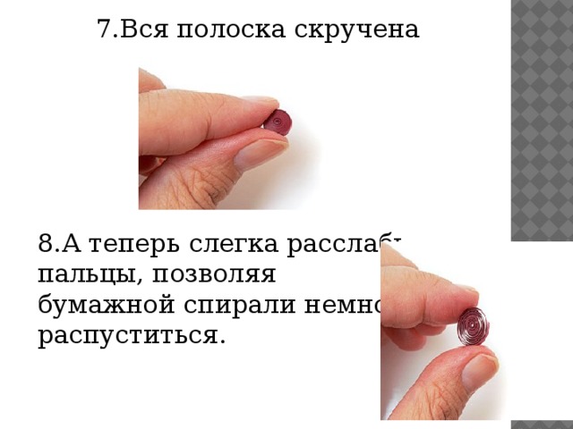 7.Вся полоска скручена 8.А теперь слегка расслабь пальцы, позволяя бумажной спирали немного распуститься.