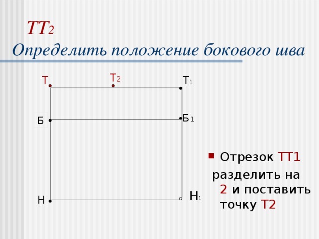 ТТ 2   Определить положение бокового шва Отрезок ТТ1  разделить на 2 и поставить точку Т2 Т 2 Т 1 Т Б 1 Б Н 1 Н