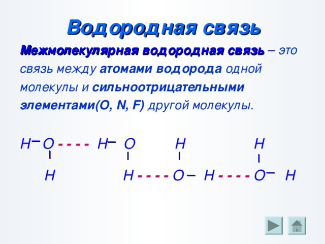 | | | | | | | | Водородная связь Межмолекулярная водородная связь – это связь между атомами водорода одной молекулы и сильноотрицательными элементами( O, N, F) другой молекулы.  Н О - - - - Н О Н Н   Н Н - - - - О Н - - - - О Н