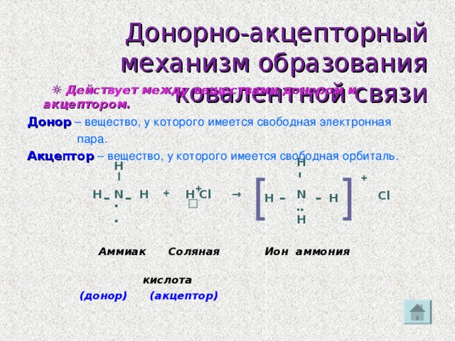 - Донорно-акцепторный механизм образования ковалентной связи  ☼ Действует между веществами донором и акцептором. Донор  – вещество, у которого имеется свободная электронная  пара. Акцептор  – вещество, у которого имеется свободная орбиталь.  Аммиак Соляная Ион аммония  кислота  (донор) (акцептор) H Н [  ] І +   +  - - - - + N H Cl H → N Н Cl H H .. □ •• H