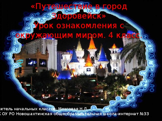 «Путешествие в город Здоровейск»  Урок ознакомления с окружающим миром. 4 класс. Учитель начальных классов: Мозговая Н.Л. ГК ОУ РО Новошахтинская общеобразовательная школа-интернат №33