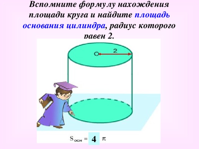 Вспомните формулу нахождения площади круга и найдите площадь основания цилиндра , радиус которого равен 2. 4