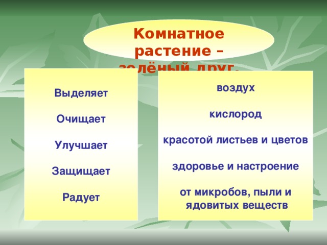 Комнатное растение –зелёный друг. Выделяет  Очищает  Улучшает  Защищает  Радует воздух  кислород  красотой листьев и цветов  здоровье и настроение  от микробов, пыли и  ядовитых веществ