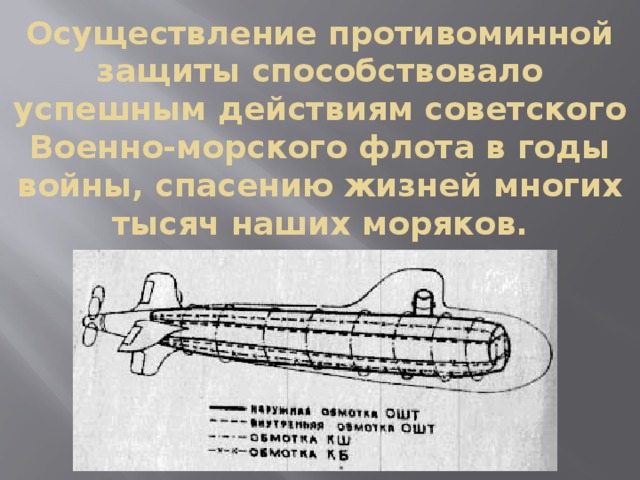 Осуществление противоминной защиты способствовало успешным действиям советского Военно-морского флота в годы войны, спасению жизней многих тысяч наших моряков.