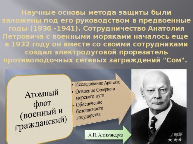 Научные основы метода защиты были заложены под его руководством в предвоенные годы (1936 -1941). Сотрудничество Анатолия Петровича с военными моряками началось еще в 1932 году он вместе со своими сотрудниками создал электродуговой прорезатель противолодочных сетевых заграждений 