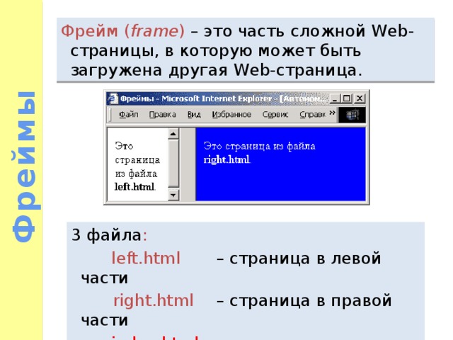 Фреймы Фрейм ( frame ) – это часть сложной Web-страницы, в которую может быть загружена другая Web-страница. 3 файла :   left.html  – страница в левой части  right.html  – страница в правой части   index.html  – описание структуры