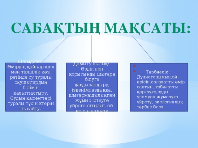 Сабақтың мақсаты: Білімділік: Дамытушылық: Өмірдің қайнар көзі мен тіршілік көзі ретінде су туралы оқушылардың білімін қалыптастыру. Судың қасиеттері туралы түсініктерін нығайту.   Өздігінен қорытынды шығара білуге дағдыландыру, ізденімпаздыққа, шығармашылықпен жұмыс істеуге үйрете отырып, ой-өрісін дамыту