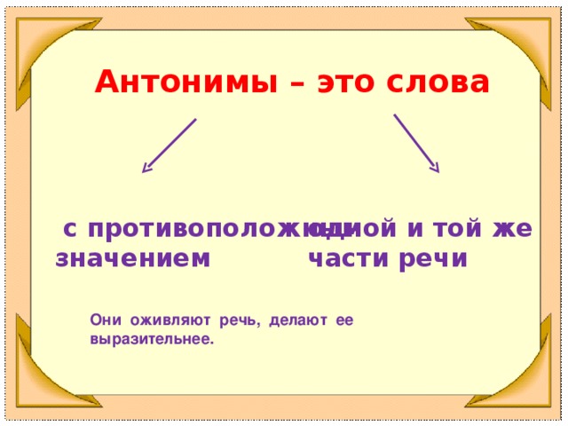 Антонимы – это слова  с противоположным значением одной и той же части речи Они оживляют речь, делают ее выразительнее.