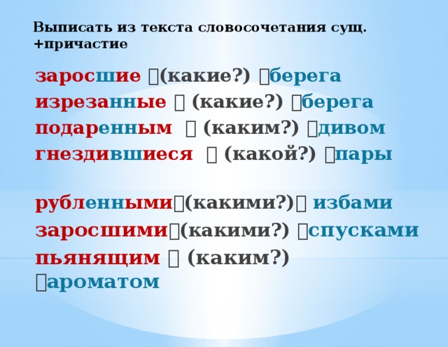 Выписать из текста словосочетания сущ. +причастие   зарос ш ие   (какие?)  берега изреза нн ые   (какие?)  берега подар енн ым   (каким?)  дивом гнезди вш иеся   (какой?)  пары  рубл енн ыми  (какими?)  избами заросшими  (какими?)  спусками пьянящим   (каким?)  ароматом