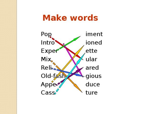 Make words iment Pop ioned Intro Exper ette ular Mix ared Reli gious Old-fash duce Appe ture Cass