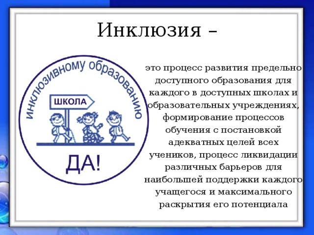 Инклюзия – это процесс развития предельно доступного образования для каждого в доступных школах и образовательных учреждениях, формирование процессов обучения с постановкой адекватных целей всех учеников, процесс ликвидации различных барьеров для наибольшей поддержки каждого учащегося и максимального раскрытия его потенциала