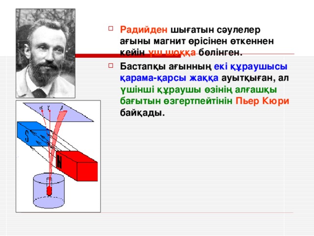 Радийден шығатын сәулелер ағыны магнит өрісінен өткеннен кейін үш шоққа бөлінген. Бастапқы ағынның екі құраушысы қарама-қарсы жаққа ауытқыған, ал үшінші құраушы өзінің алғашқы бағытын өзгертпейтінін  Пьер Кюри байқады.