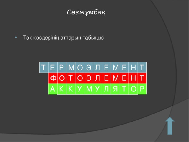 Сөзжұмбақ   Ток көздерінің аттарын табыңыз Т Е Р Р Ф М О О А О О Т К К К О О Э У Л Л Э Е Л М М Е Е У М Л Е Л Я Н Н Е Е Т Н Т Т Т Т О Р