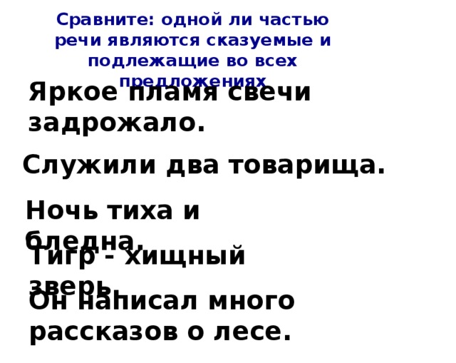 Сравните: одной ли частью речи являются сказуемые и подлежащие во всех предложениях Яркое пламя свечи задрожало. Служили два товарища. Ночь тиха и бледна. Тигр - хищный зверь. Он написал много рассказов о лесе.