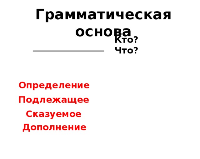 Грамматическая основа Кто? Что? Определение Подлежащее Сказуемое Дополнение