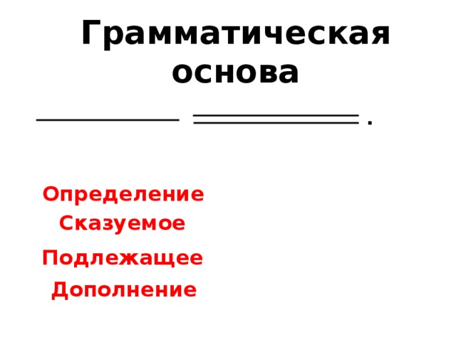 Грамматическая основа . Определение Сказуемое Подлежащее Дополнение