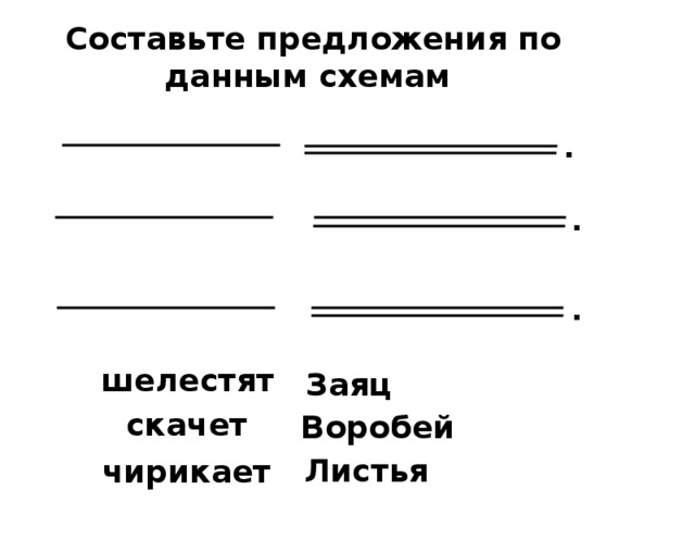 Составьте предложения по данным схемам . . . шелестят Заяц скачет Воробей Листья чирикает