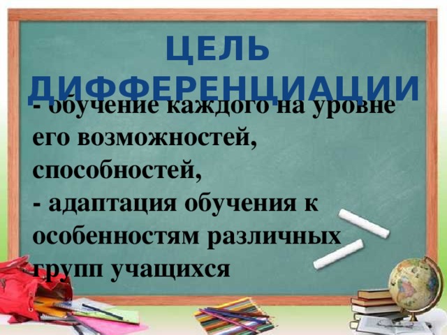 ЦЕЛЬ ДИФФЕРЕНЦИАЦИИ - обучение каждого на уровне его возможностей, способностей, - адаптация обучения к особенностям различных групп учащихся