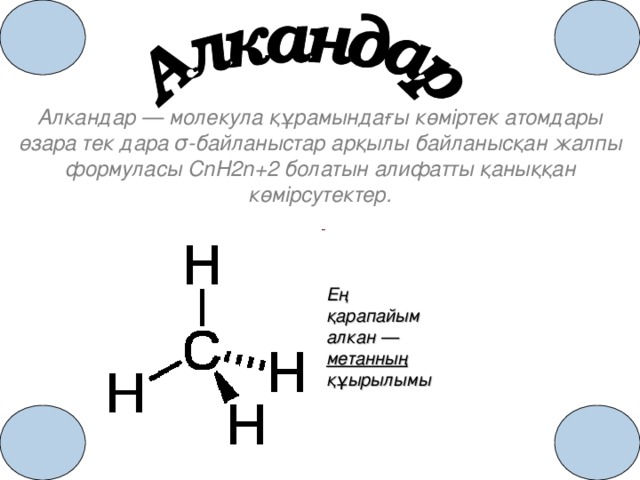 Алкандар — молекула құрамындағы көміртек атомдары өзара тек дара σ-байланыстар арқылы байланысқан жалпы формуласы CnH2n+2 болатын алифатты қаныққан көмірсутектер. Ең қарапайым алкан — метанның құырылымы
