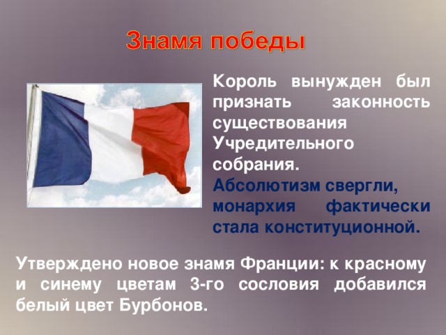 Король вынужден был признать законность существования Учредительного собрания. Абсолютизм свергли, монархия фактически стала конституционной. Утверждено новое знамя Франции: к красному и синему цветам 3-го сословия добавился белый цвет Бурбонов.