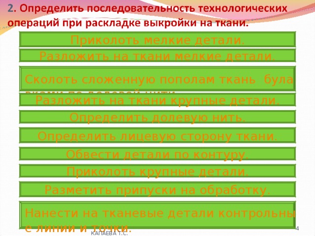 Приколоть мелкие детали. Разложить на ткани мелкие детали. Сколоть сложенную пополам ткань  булавками по долевой нити. Разложить на ткани крупные детали. Определить долевую нить. Определить лицевую сторону ткани. Обвести детали по контуру. Приколоть крупные детали. Разметить припуски на обработку. Нанести на тканевые детали контрольные линии и точки.  КАПАЕВА Т.С.