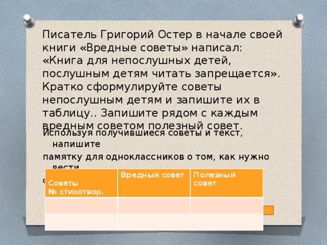 Писатель Григорий Остер в начале своей книги «Вредные советы» написал: «Книга для непослушных детей, послушным детям читать запрещается». Кратко сформулируйте советы непослушным детям и запишите их в таблицу.. Запишите рядом с каждым вредным советом полезный совет. Используя получившиеся советы и текст, напишите памятку для одноклассников о том, как нужно вести себя с друзьями, родителями и другими людьми.  Советы № стихотвор. Вредный совет Полезный совет