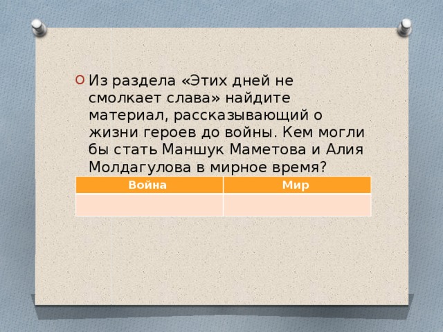 Из раздела «Этих дней не смолкает слава» найдите материал, рассказывающий о жизни героев до войны. Кем могли бы стать Маншук Маметова и Алия Молдагулова в мирное время? Составь таблицу антонимов.